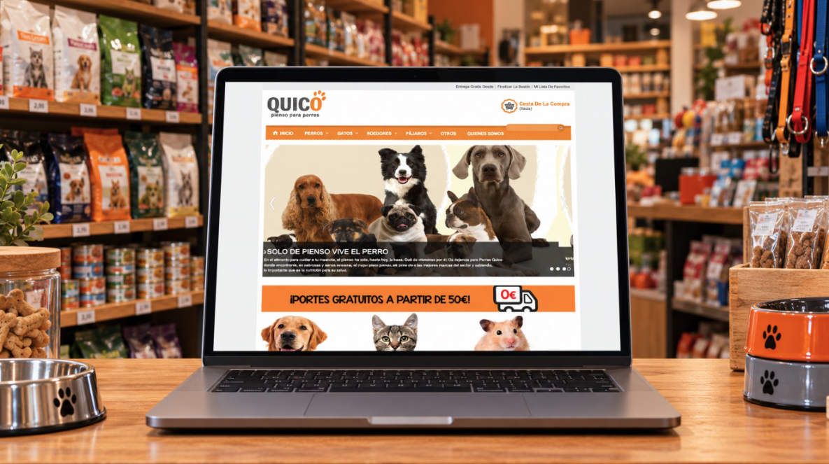 Diseño de tienda online de alimentación para mascotas Mackup de Pienso para perros Quico, diseño de tienda online de alimentación para mascotas