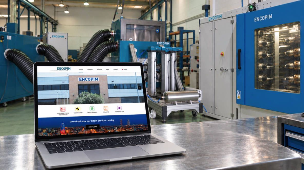 Diseño web de Encopim por MarkeThink Portátil sobre una mesa metálica mostrando la web de Encopim, con bancos de ensayo para automoción al fondo.