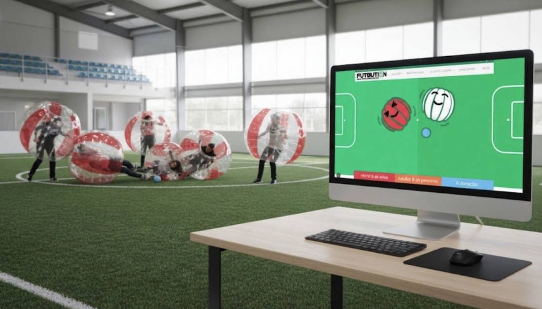 Diseño web para empresa de fútbol burbuja Futbution Diseño web de Futbution mostrado en un ordenador junto a jugadores de fútbol burbuja