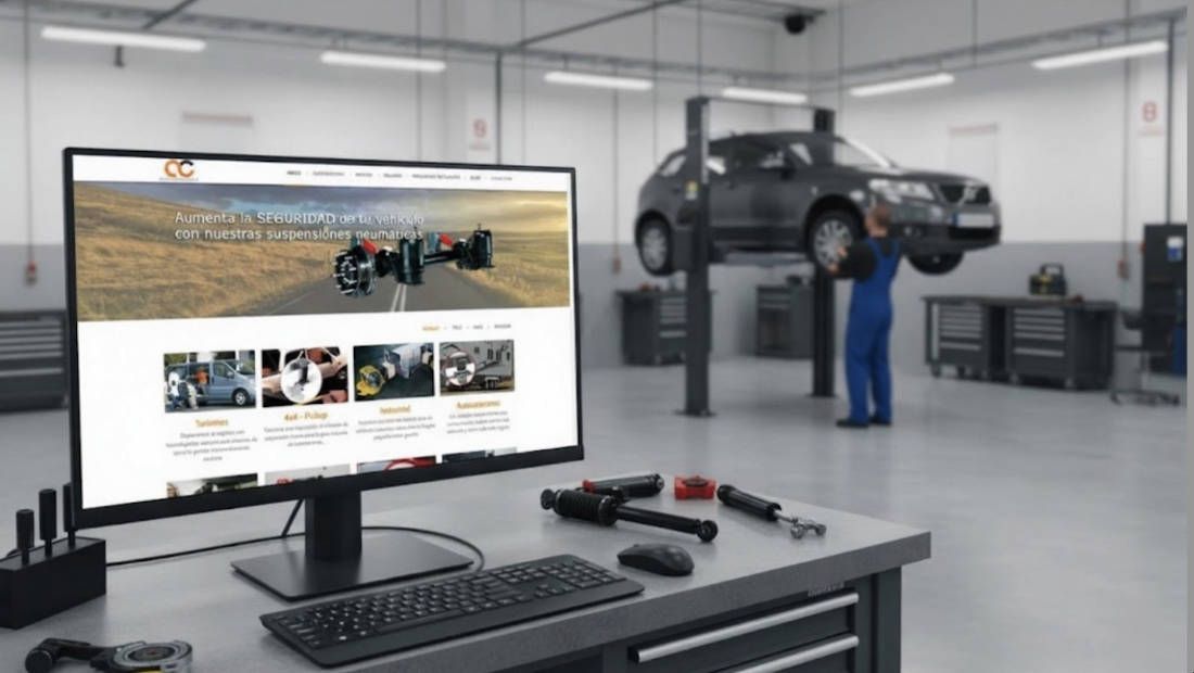 Visualización de la web de AC Suspensiones en entorno profesional Pantalla de ordenador en un taller mecánico mostrando la página web de AC Suspensiones