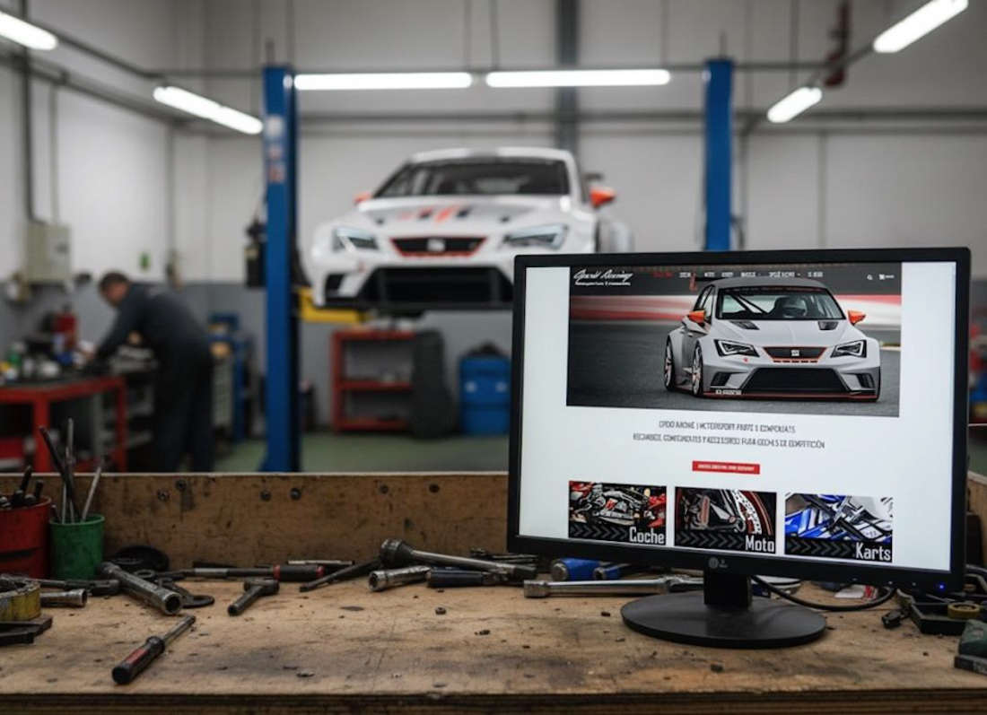 Diseño tienda online Opció Racing – MarkeThink Taller de competición con pantalla mostrando la tienda online de Opció Racing