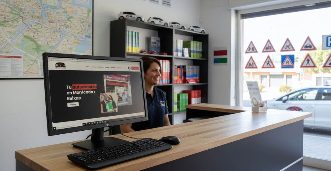 Autoescola Mir – Mostrador e instalaciones con nuestro nuevo diseño web. Recepción Autoescola Mir en Montcada i Reixac con el diseño web de MarkeThink en el monitor