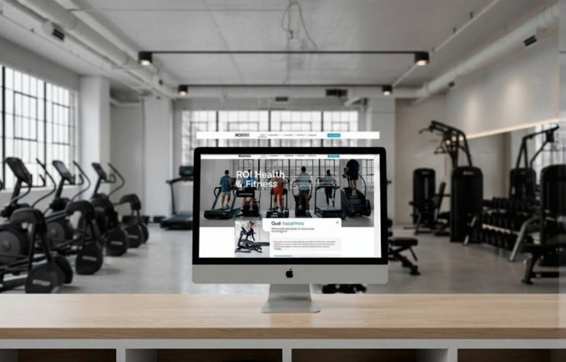 Web corporativa ROI Health & Fitness – MarkeThink Presentación del proyecto web ROI Health & Fitness en entorno profesional de gimnasio