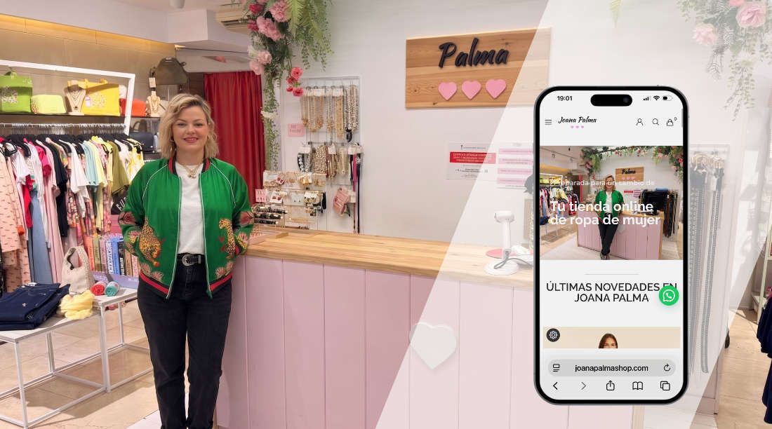 Tienda online de Joana Palma desarrollada por MarkeThink Joana Palma en su boutique de moda femenina en Mollet del Vallès junto al diseño de su tienda online