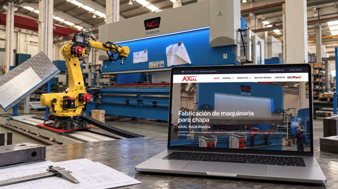 Diseño web de Axial Maquinaria realizado por MarkeThink Portátil con la web de Axial Maquinaria frente a una plegadora con robot en una nave industrial