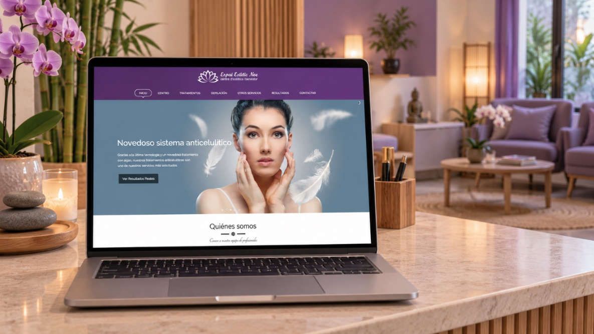 Espai Estètic Noe: diseño web de estética en Cerdanyola Portátil con la web de Espai Estètic Noe de Cerdanyola en una recepción de estética con tonos violetas y sala de espera al fondo